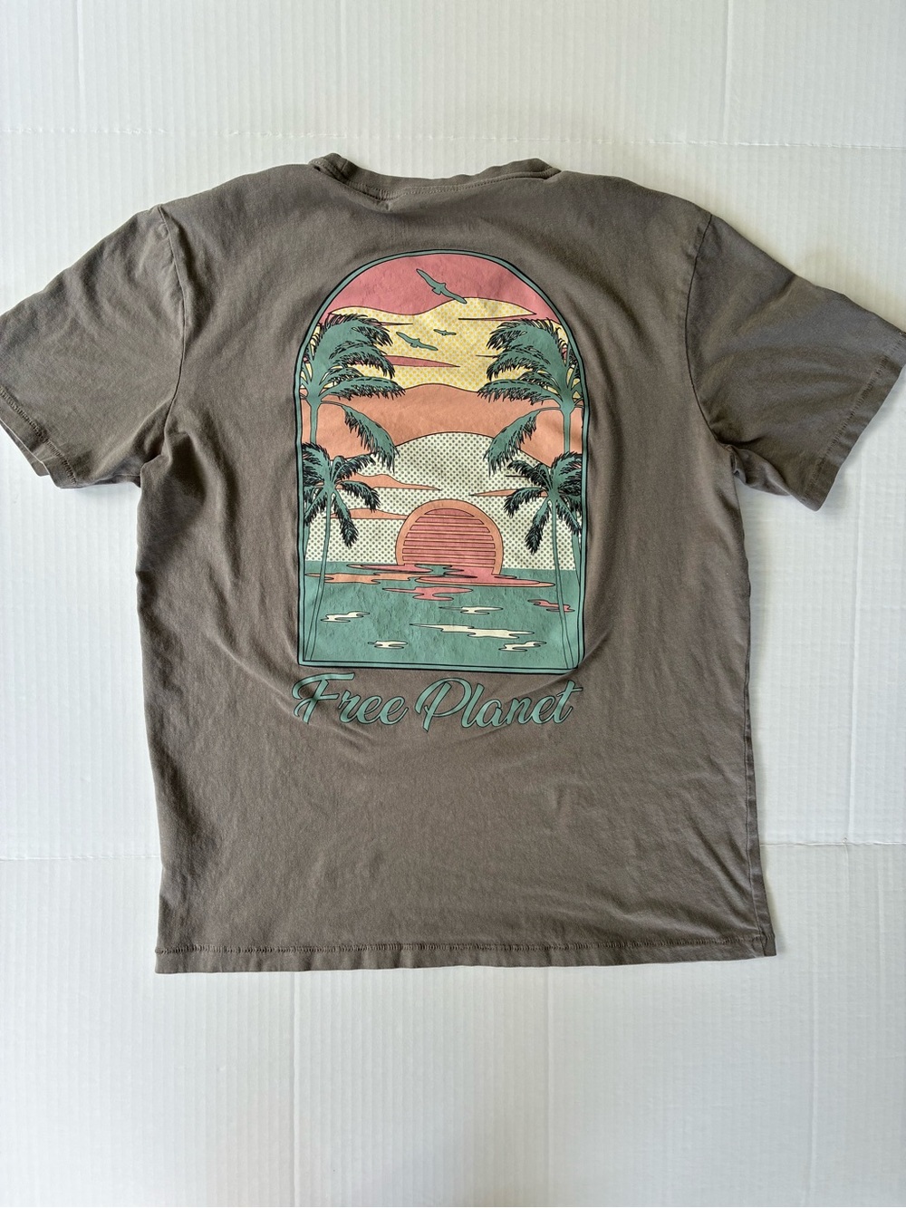 Free Planet Men’s Short Sleeve T-Shirt Size Medium Gray Beach Sunset